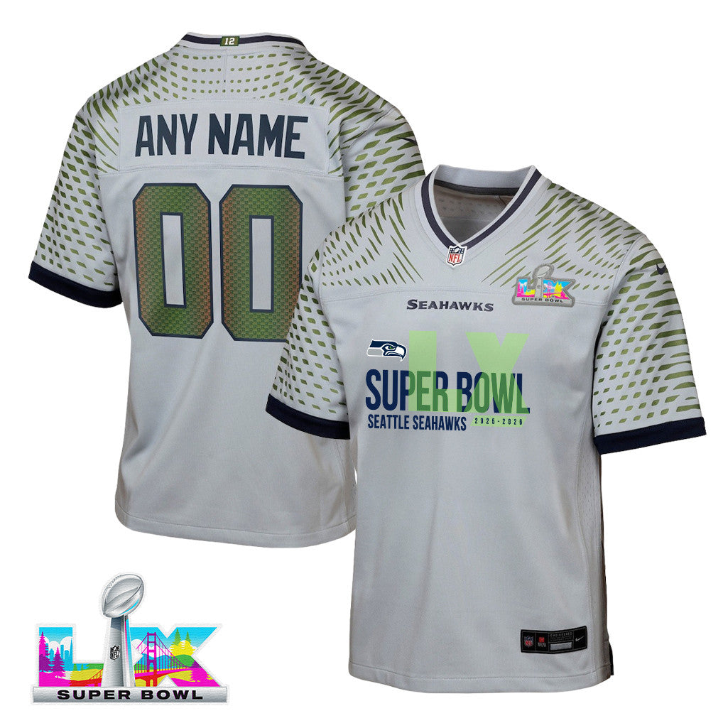 Seattle Seahawks 25-26 Champions Super Bowl LX Custom Rivalries Collection Game YOUTH Jersey - Gray