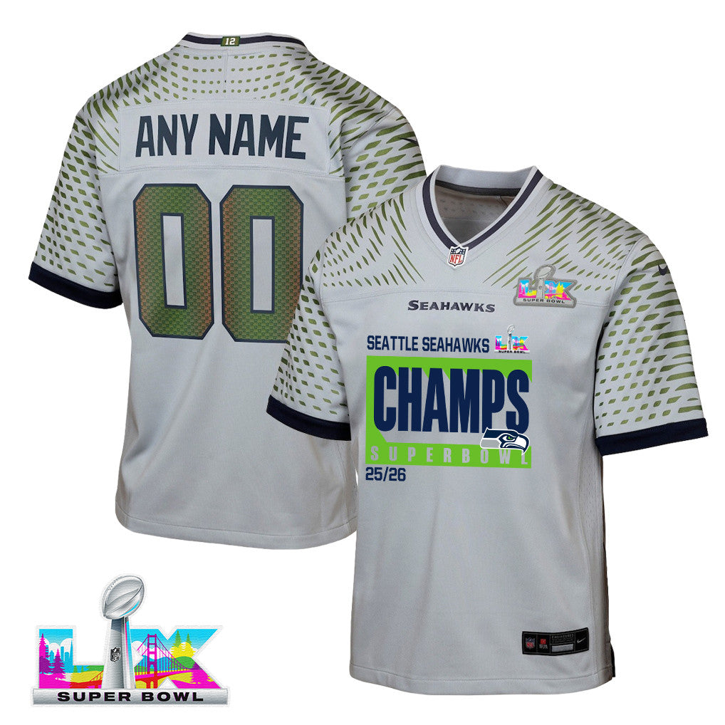 Seattle Seahawks Super Bowl 25/26 Champions LX Custom Rivalries Collection Game YOUTH Jersey - Gray