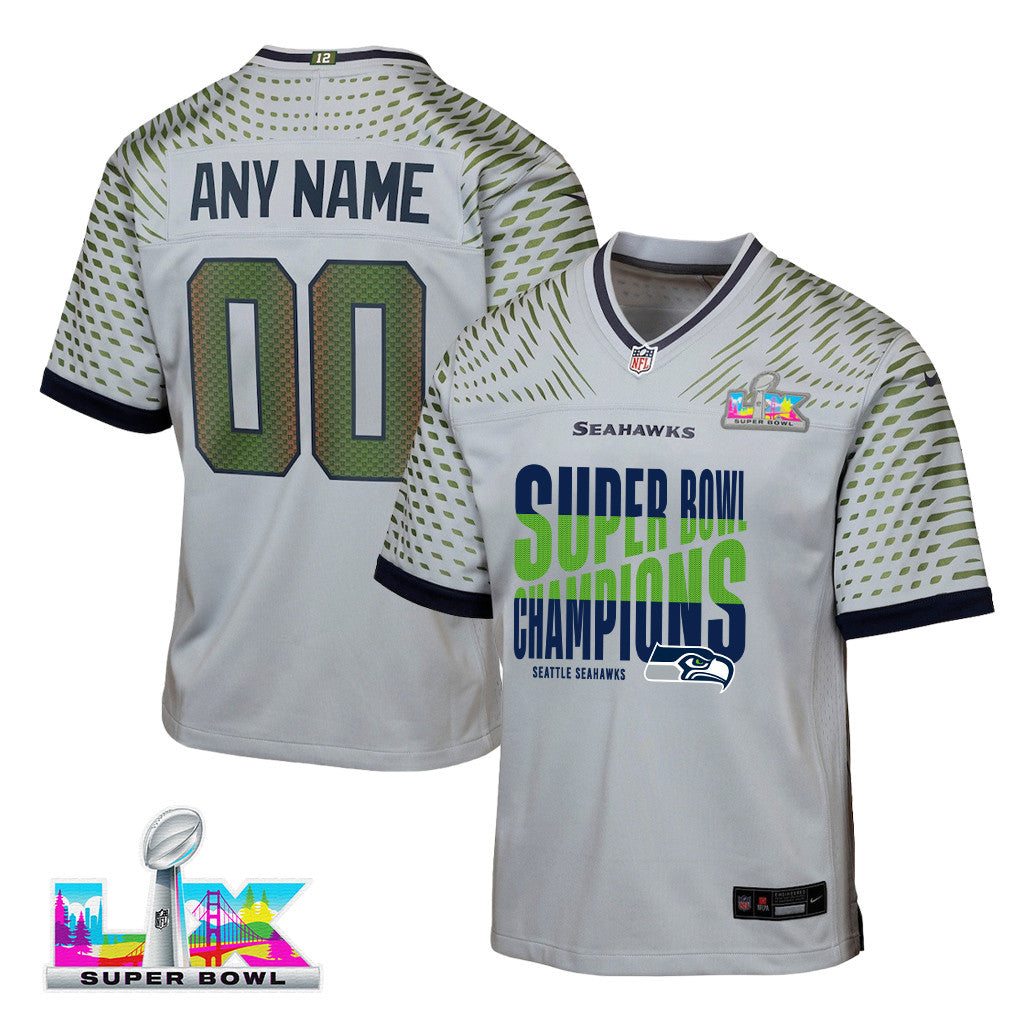 Seattle Seahawks Super Bowl LX Champions Custom Rivalries Collection Game YOUTH Jersey - Gray