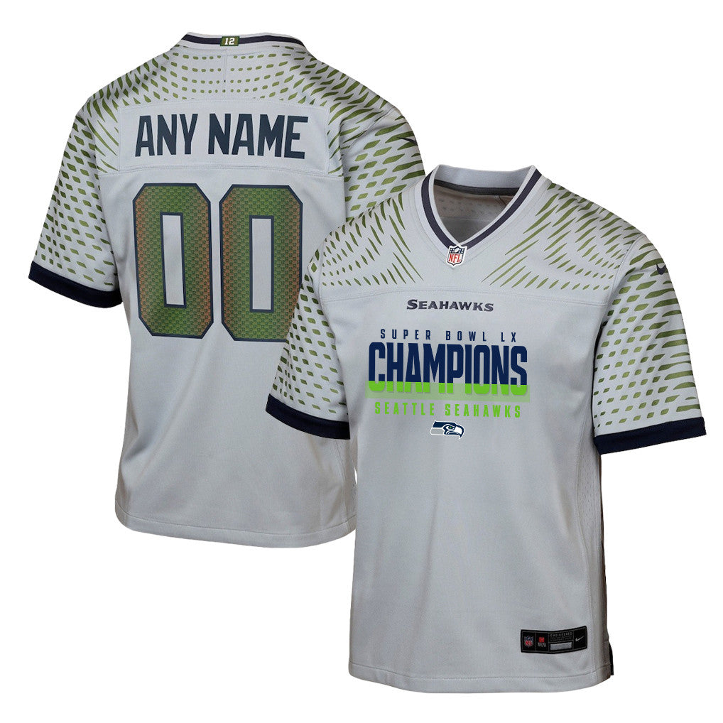 Seattle Seahawks Super Bowl LX Champions Gray Rivalries Collection Game YOUTH Jersey - Custom Name & Number