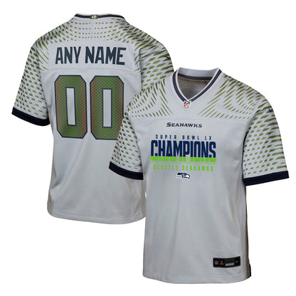 Seattle Seahawks Super Bowl LX Champions Gray Rivalries Collection Game YOUTH Jersey - Custom Name & Number