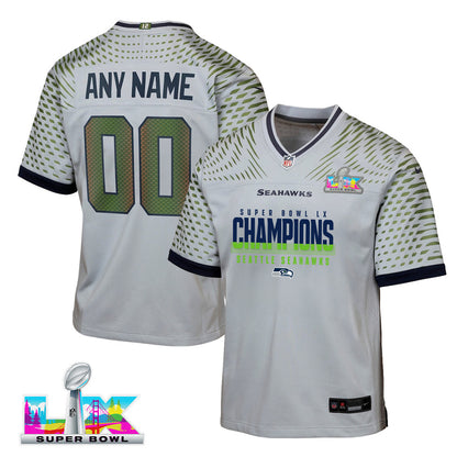 Seattle Seahawks Super Bowl LX Champions Gray Rivalries Collection Game YOUTH Jersey - Custom Name & Number