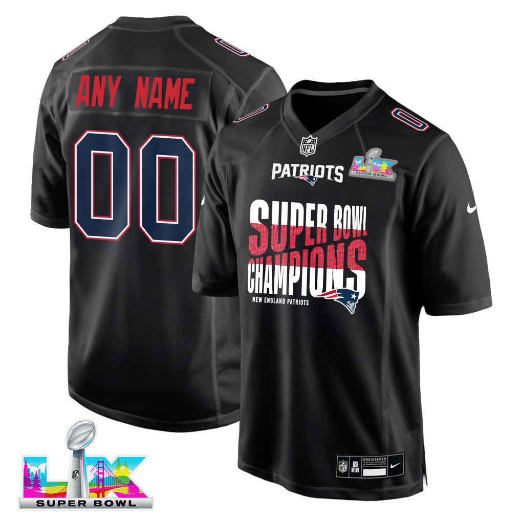 New England Patriots Super Bowl LX Champions Custom Fashion Game Jersey - Black