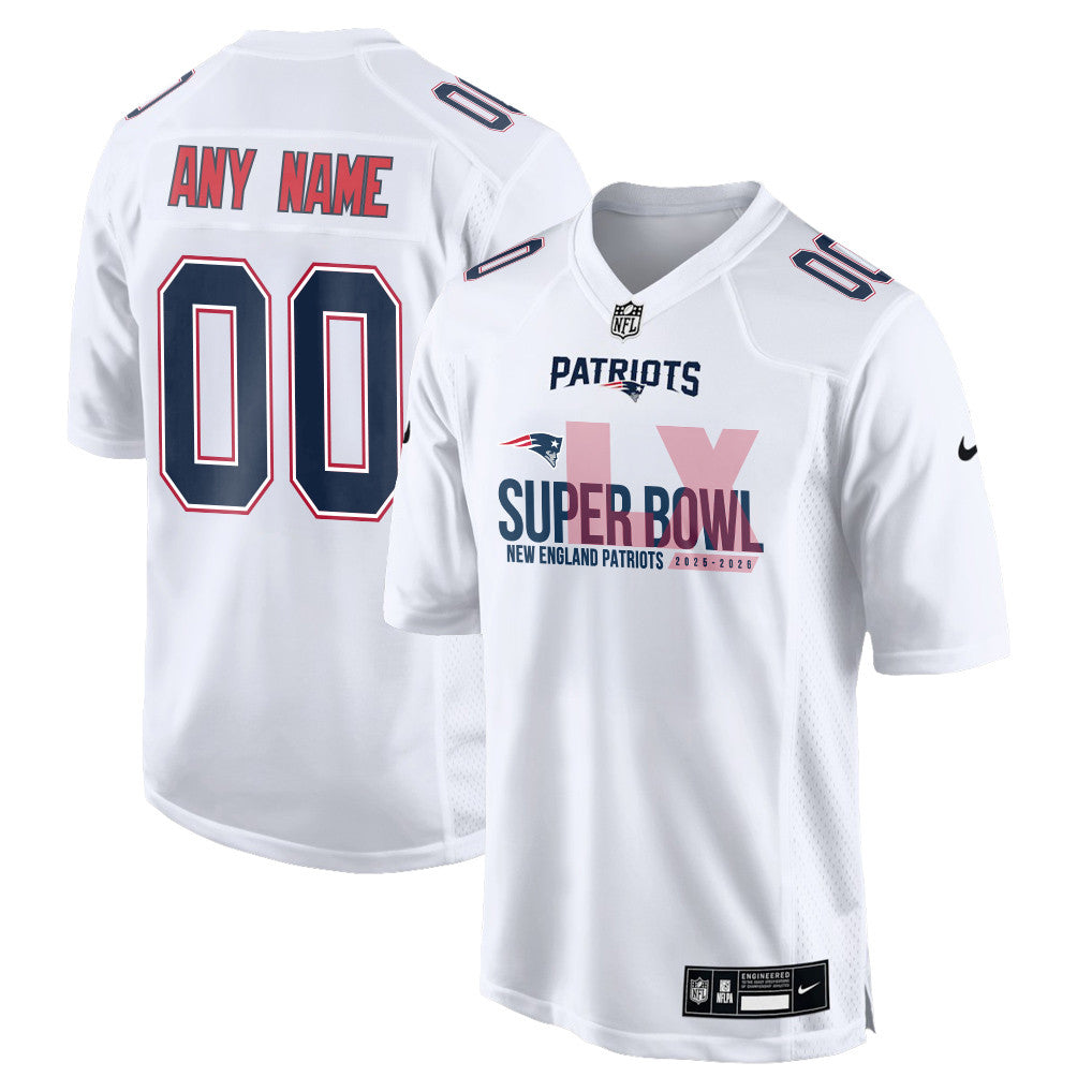 New England Patriots 25-26 Champions Super Bowl LX Custom Game Jersey - White