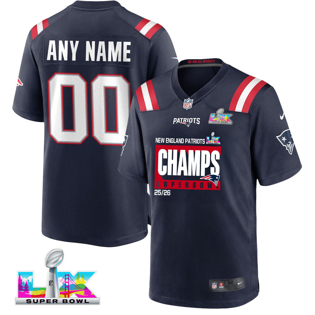 New England Patriots Super Bowl 25/26 Champions LX Custom Game Player Jersey - Navy