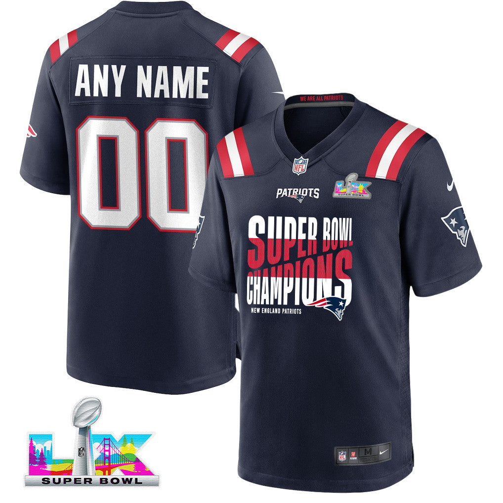 New England Patriots Super Bowl LX Champions Custom Game Player Jersey - Navy