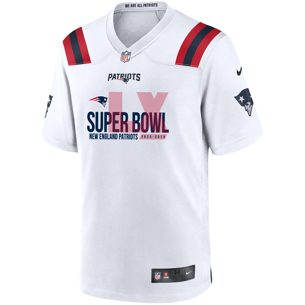 New England Patriots 25-26 Champions Super Bowl LX Custom Game Player Jersey - White