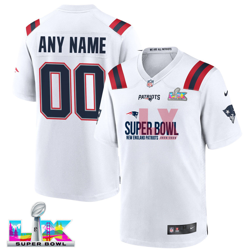 New England Patriots 25-26 Champions Super Bowl LX Custom Game Player Jersey - White