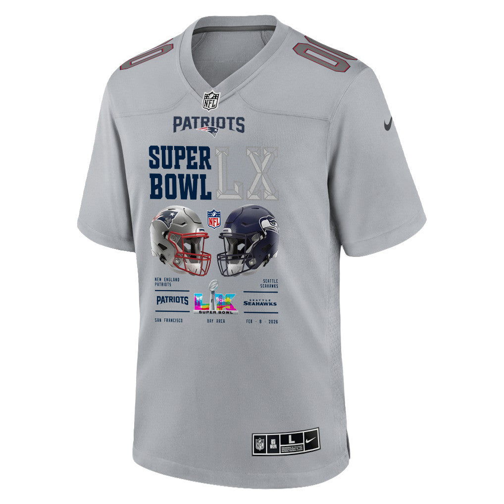 New England Patriots Super Bowl LX Champions Going Head-To-Head Custom Atmosphere Fashion Game Jersey - Gray