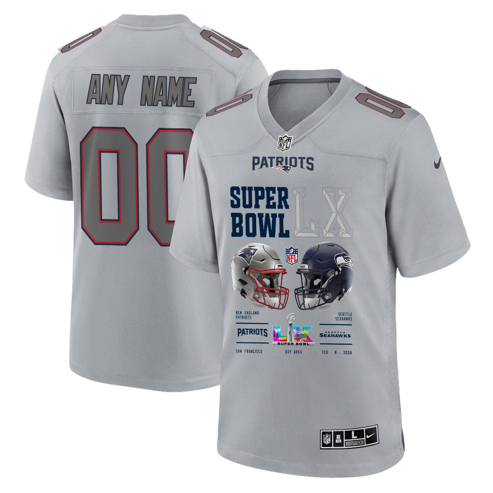 New England Patriots Super Bowl LX Champions Going Head-To-Head Custom Atmosphere Fashion Game Jersey - Gray