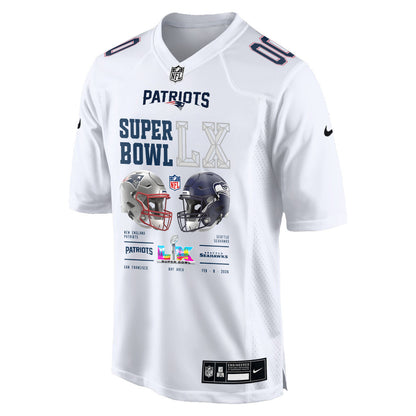 New England Patriots Super Bowl LX Champions Going Head-To-Head Custom Game Jersey - White