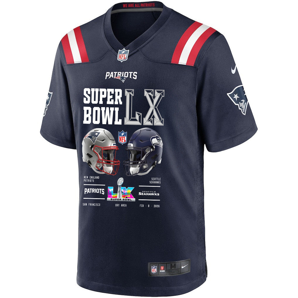 New England Patriots Super Bowl LX Champions Going Head-To-Head Custom Game Player Jersey - Navy