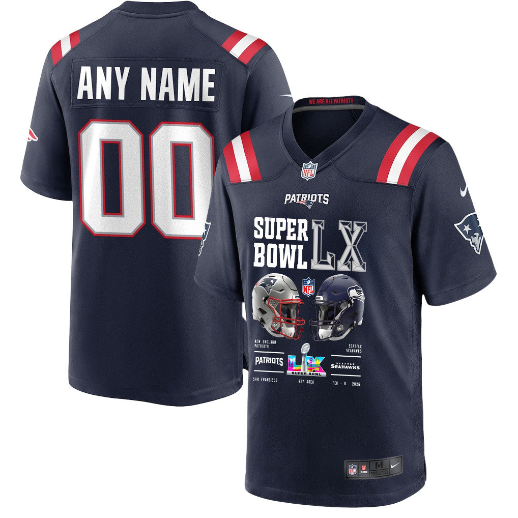 New England Patriots Super Bowl LX Champions Going Head-To-Head Custom Game Player Jersey - Navy