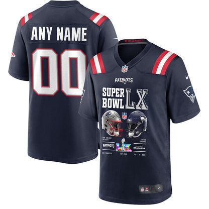 New England Patriots Super Bowl LX Champions Going Head-To-Head Custom Game Player Jersey - Navy