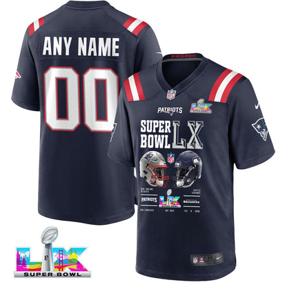 New England Patriots Super Bowl LX Champions Going Head-To-Head Custom Game Player Jersey - Navy