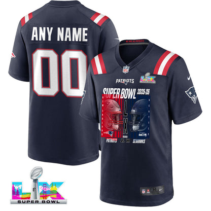 New England Patriots Super Bowl LX Champions Confronting The Opponent Custom Game Player Jersey - Navy