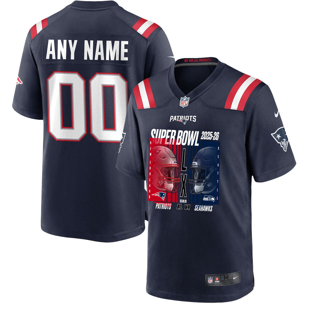New England Patriots Super Bowl LX Champions Confronting The Opponent Custom Game Player Jersey - Navy