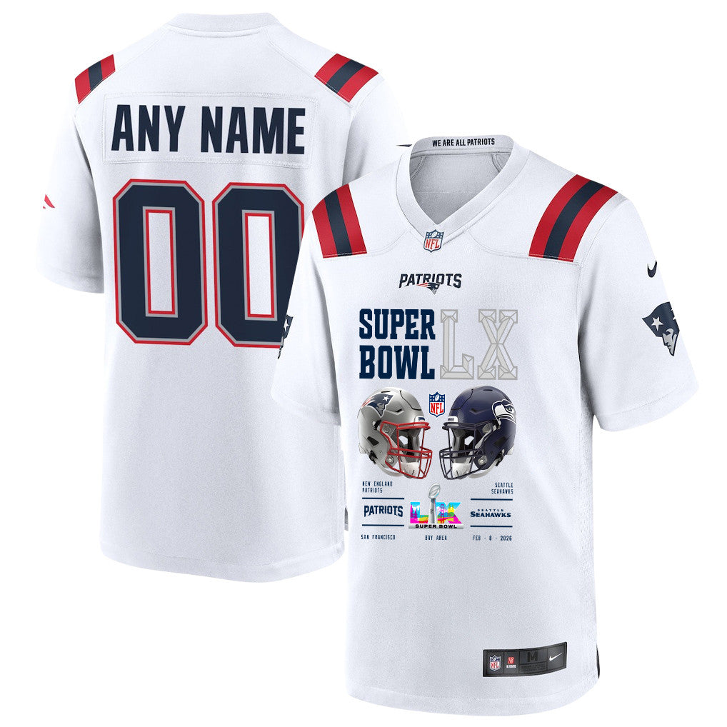 New England Patriots Super Bowl LX Champions Going Head-To-Head Custom Game Player Jersey - White