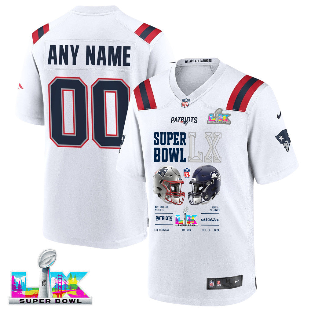 New England Patriots Super Bowl LX Champions Going Head-To-Head Custom Game Player Jersey - White