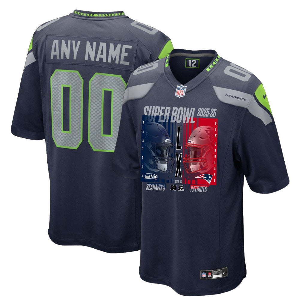 Seattle Seahawks Super Bowl LX Champions Confronting The Opponent Custom Team Game Jersey - College Navy