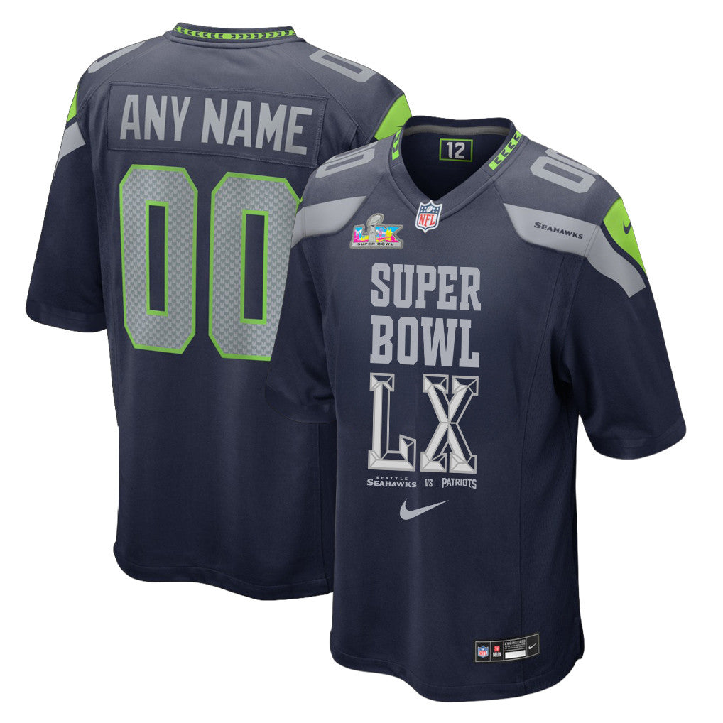 Seattle Seahawks Champions Super Bowl LX Personalized Team Game Jersey - College Navy Edition