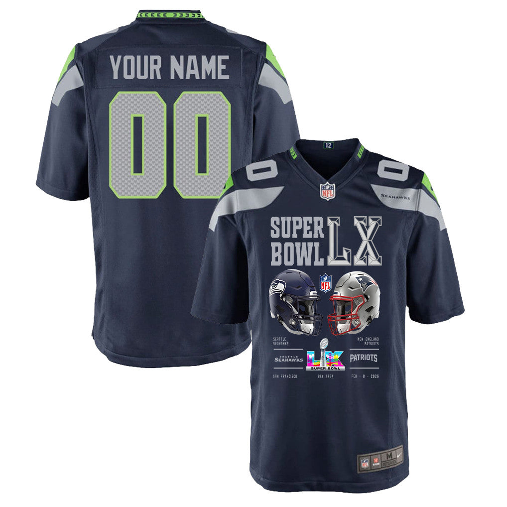 Seattle Seahawks Super Bowl LX Champions Going Head-To-Head Custom Team Game YOUTH Jersey - College Navy