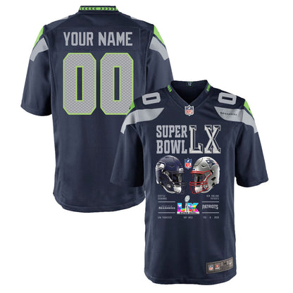 Seattle Seahawks Super Bowl LX Champions Going Head-To-Head Custom Team Game YOUTH Jersey - College Navy