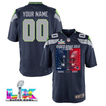 Seattle Seahawks Super Bowl LX Champions Confronting The Opponent Custom Team Game YOUTH Jersey - College Navy