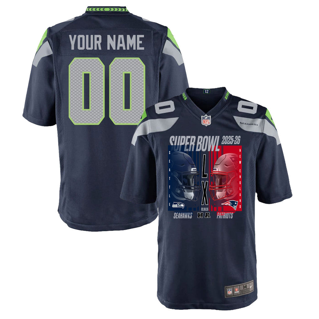 Seattle Seahawks Super Bowl LX Champions Confronting The Opponent Custom Team Game YOUTH Jersey - College Navy