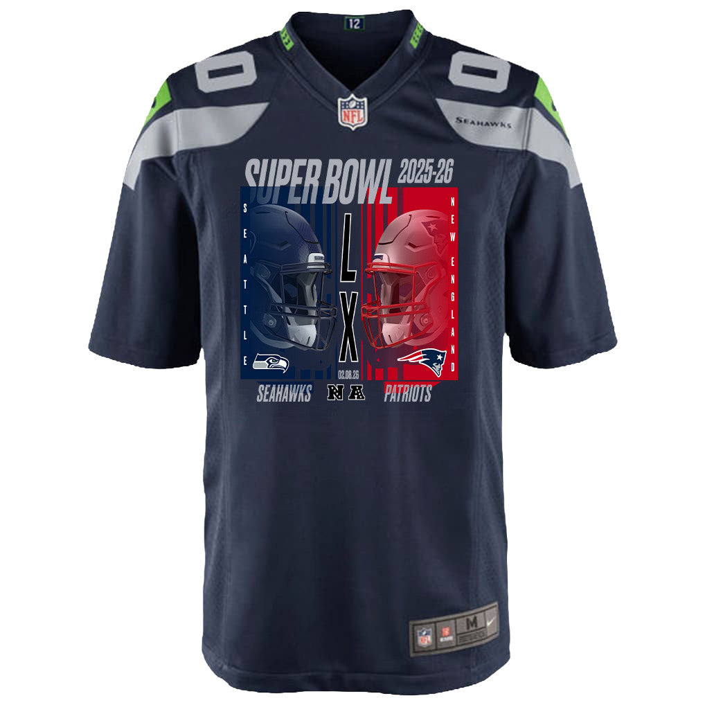 Seattle Seahawks Super Bowl LX Champions Confronting The Opponent Custom Team Game YOUTH Jersey - College Navy