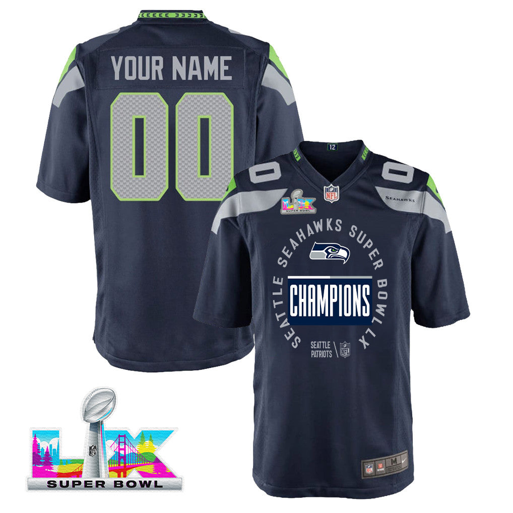 Seattle Seahawks Super Bowl LX Champions Personalized Team Game YOUTH Jersey - College Navy