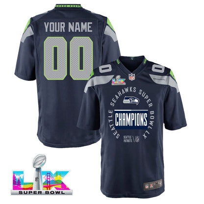 Seattle Seahawks Super Bowl LX Champions Personalized Team Game YOUTH Jersey - College Navy