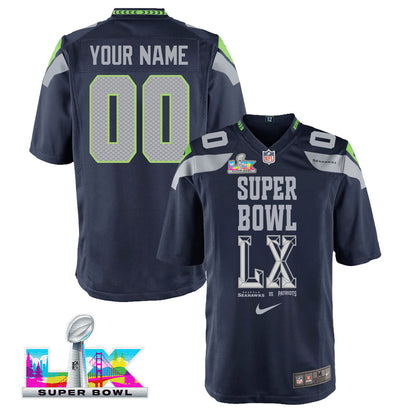 Seattle Seahawks Champions Super Bowl LX Personalized Team Game YOUTH Jersey - College Navy Edition