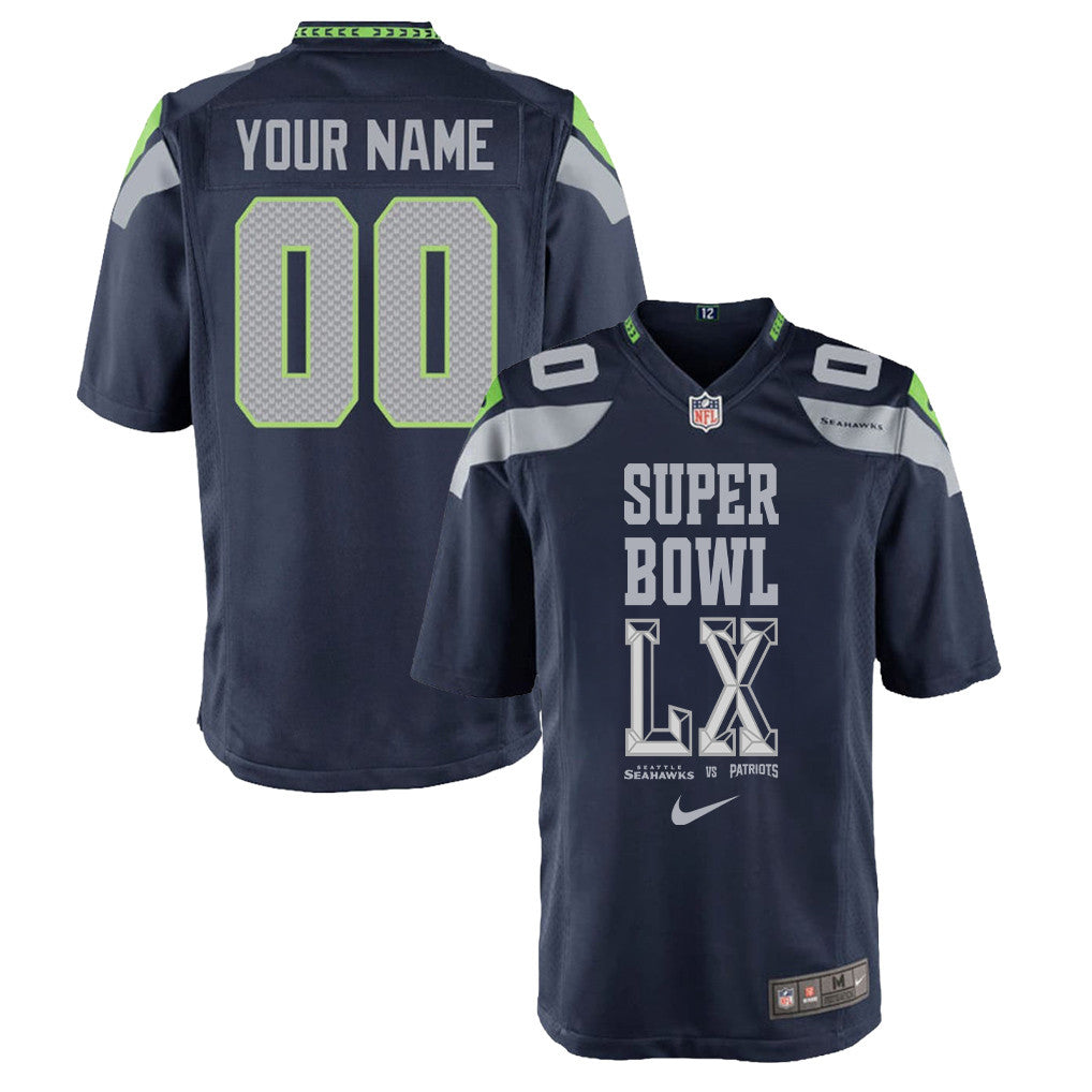 Seattle Seahawks Champions Super Bowl LX Personalized Team Game YOUTH Jersey - College Navy Edition