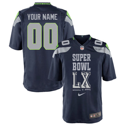 Seattle Seahawks Champions Super Bowl LX Personalized Team Game YOUTH Jersey - College Navy Edition