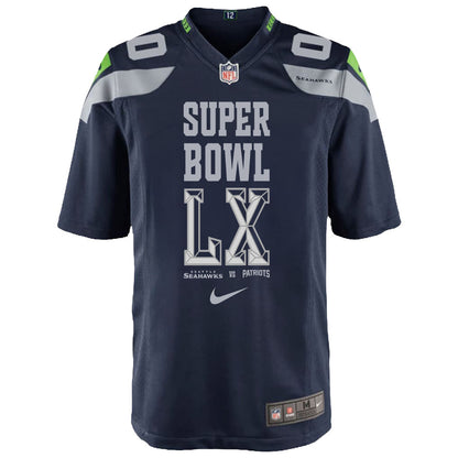 Seattle Seahawks Champions Super Bowl LX Personalized Team Game YOUTH Jersey - College Navy Edition