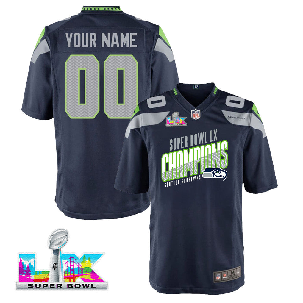 Seattle Seahawks Super Bowl LX Champions For Fan Edition Custom Team Game YOUTH Jersey - College Navy