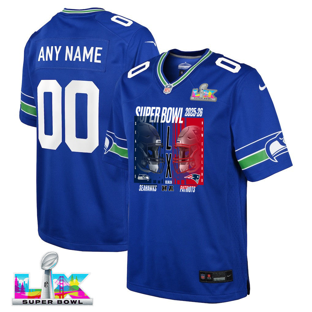 Seattle Seahawks Super Bowl LX Champions Confronting The Opponent Custom Alternate Game YOUTH Jersey - Royal