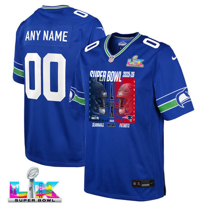 Seattle Seahawks Super Bowl LX Champions Confronting The Opponent Custom Alternate Game YOUTH Jersey - Royal