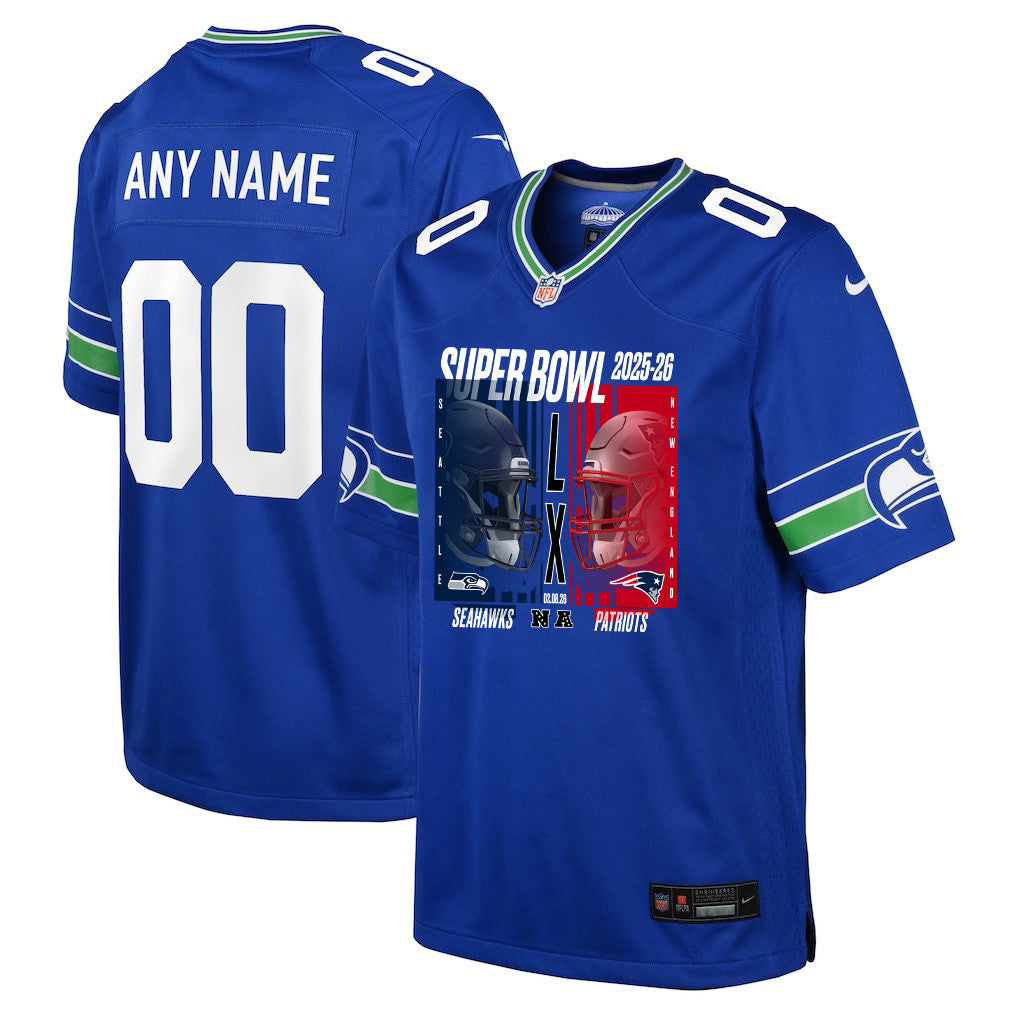 Seattle Seahawks Super Bowl LX Champions Confronting The Opponent Custom Alternate Game YOUTH Jersey - Royal
