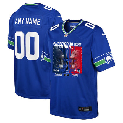 Seattle Seahawks Super Bowl LX Champions Confronting The Opponent Custom Alternate Game YOUTH Jersey - Royal