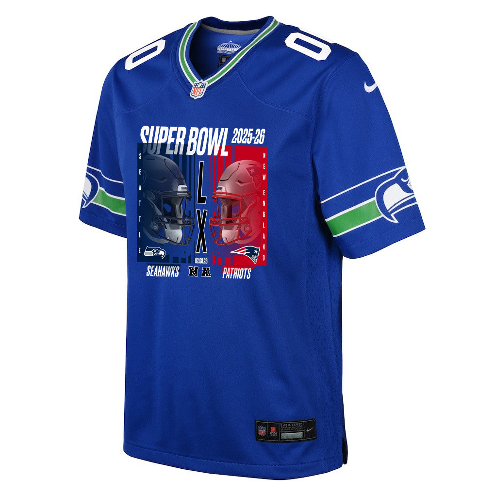 Seattle Seahawks Super Bowl LX Champions Confronting The Opponent Custom Alternate Game YOUTH Jersey - Royal