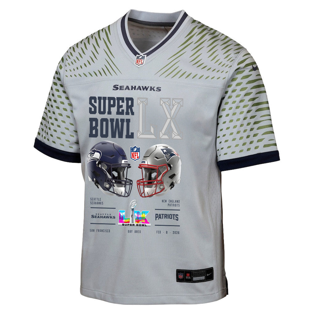 Seattle Seahawks Super Bowl LX Champions Going Head-To-Head Custom Rivalries Collection Game YOUTH Jersey - Gray