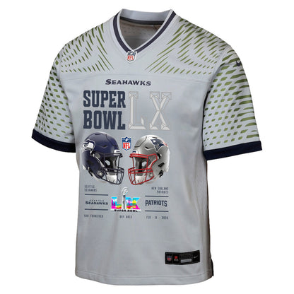 Seattle Seahawks Super Bowl LX Champions Going Head-To-Head Custom Rivalries Collection Game YOUTH Jersey - Gray