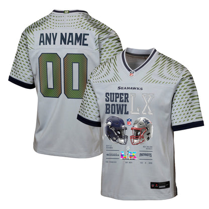 Seattle Seahawks Super Bowl LX Champions Going Head-To-Head Custom Rivalries Collection Game YOUTH Jersey - Gray