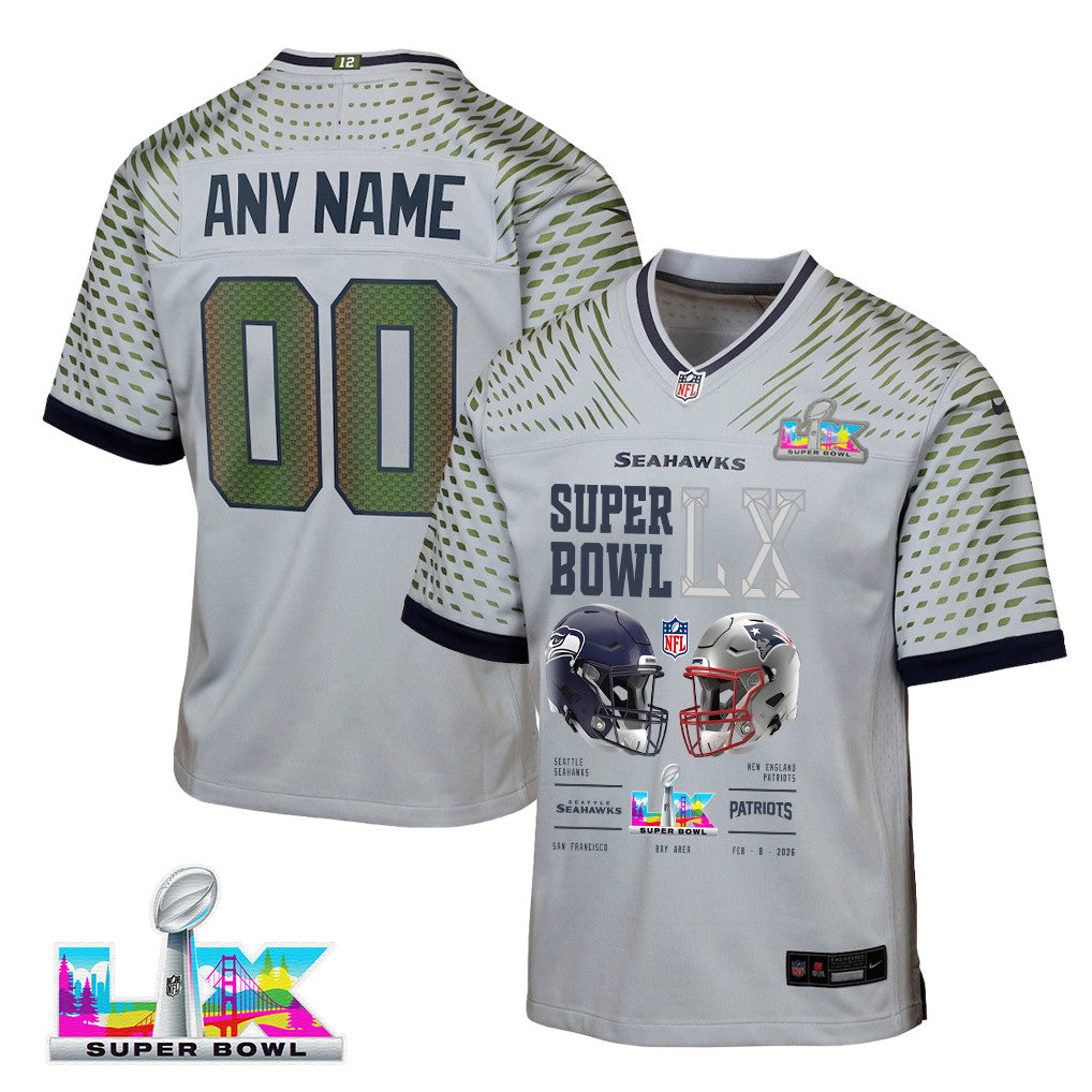Seattle Seahawks Super Bowl LX Champions Going Head-To-Head Custom Rivalries Collection Game YOUTH Jersey - Gray