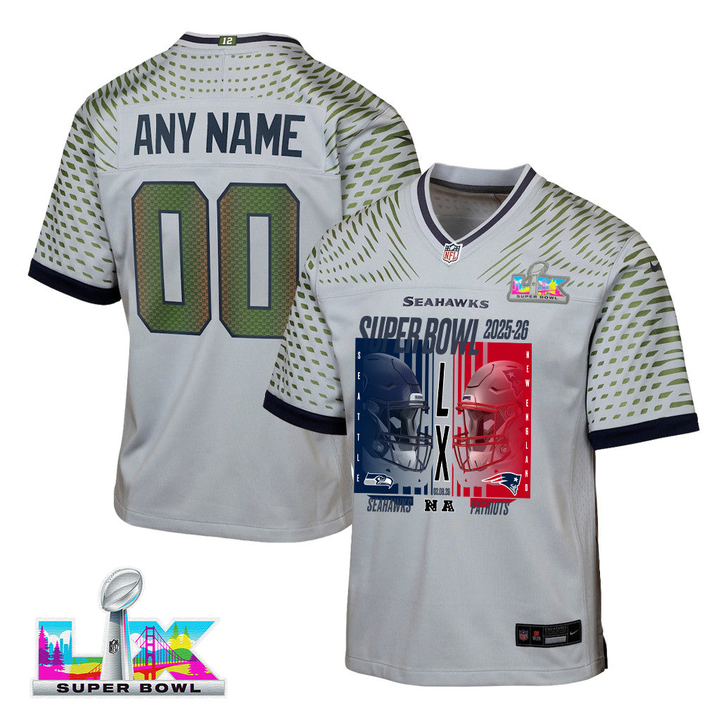 Seattle Seahawks Super Bowl LX Champions Confronting The Opponent Custom Rivalries Collection Game YOUTH Jersey - Gray
