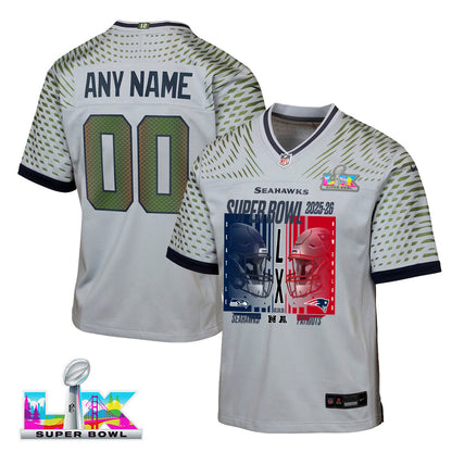 Seattle Seahawks Super Bowl LX Champions Confronting The Opponent Custom Rivalries Collection Game YOUTH Jersey - Gray