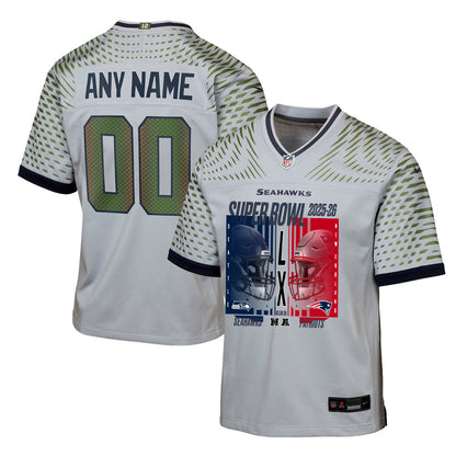 Seattle Seahawks Super Bowl LX Champions Confronting The Opponent Custom Rivalries Collection Game YOUTH Jersey - Gray