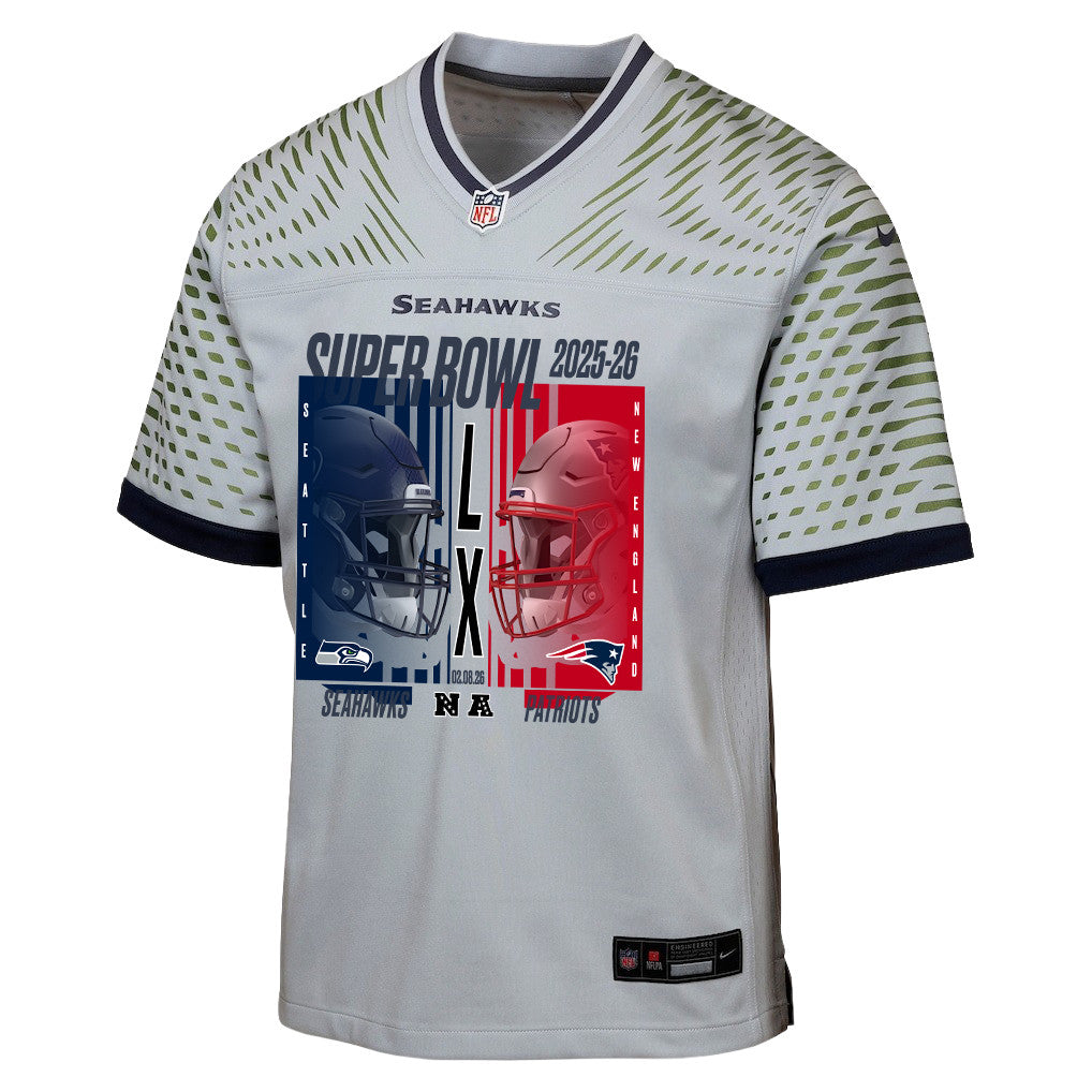 Seattle Seahawks Super Bowl LX Champions Confronting The Opponent Custom Rivalries Collection Game YOUTH Jersey - Gray